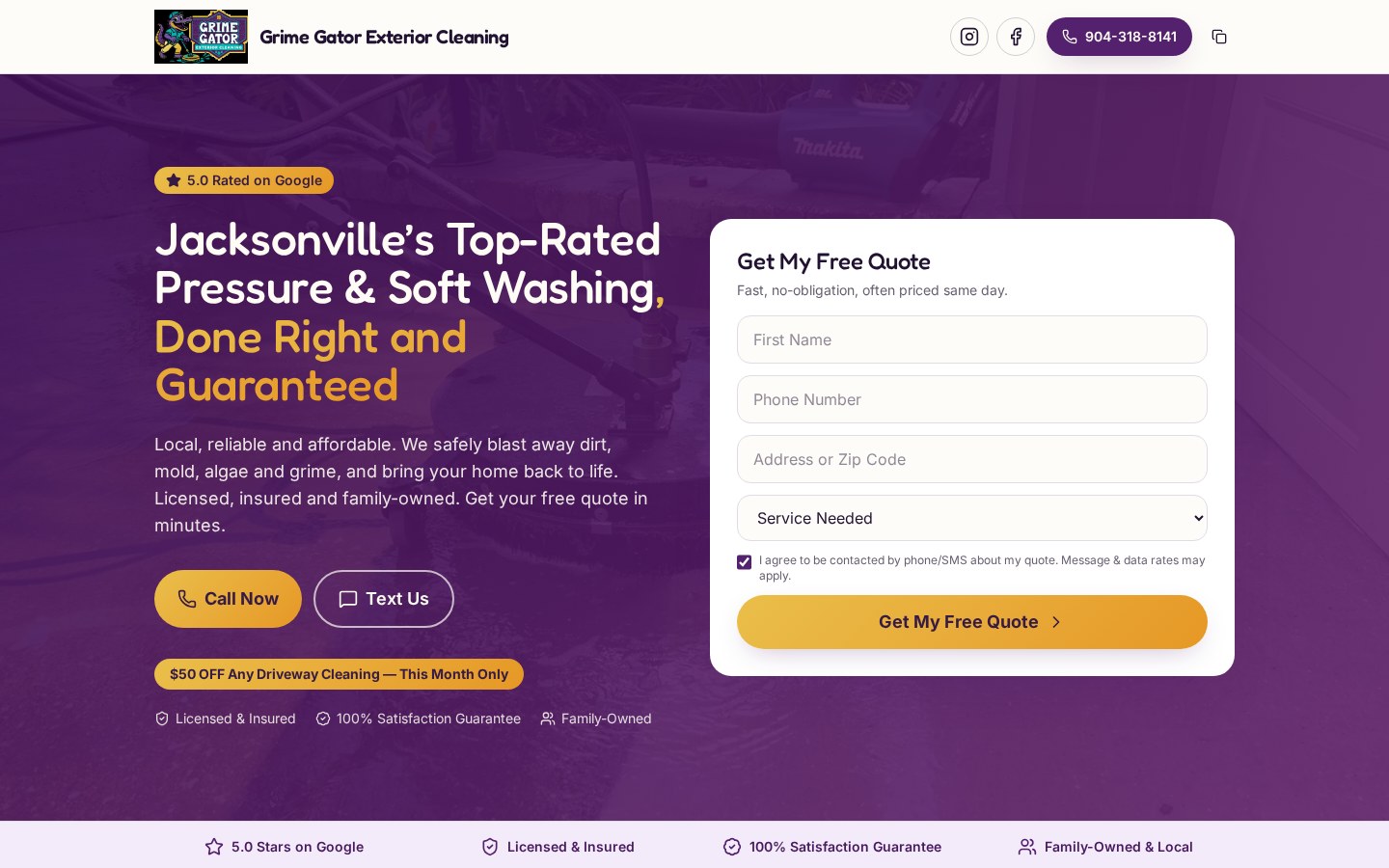 Website built for Grime Gator Exterior Cleaning