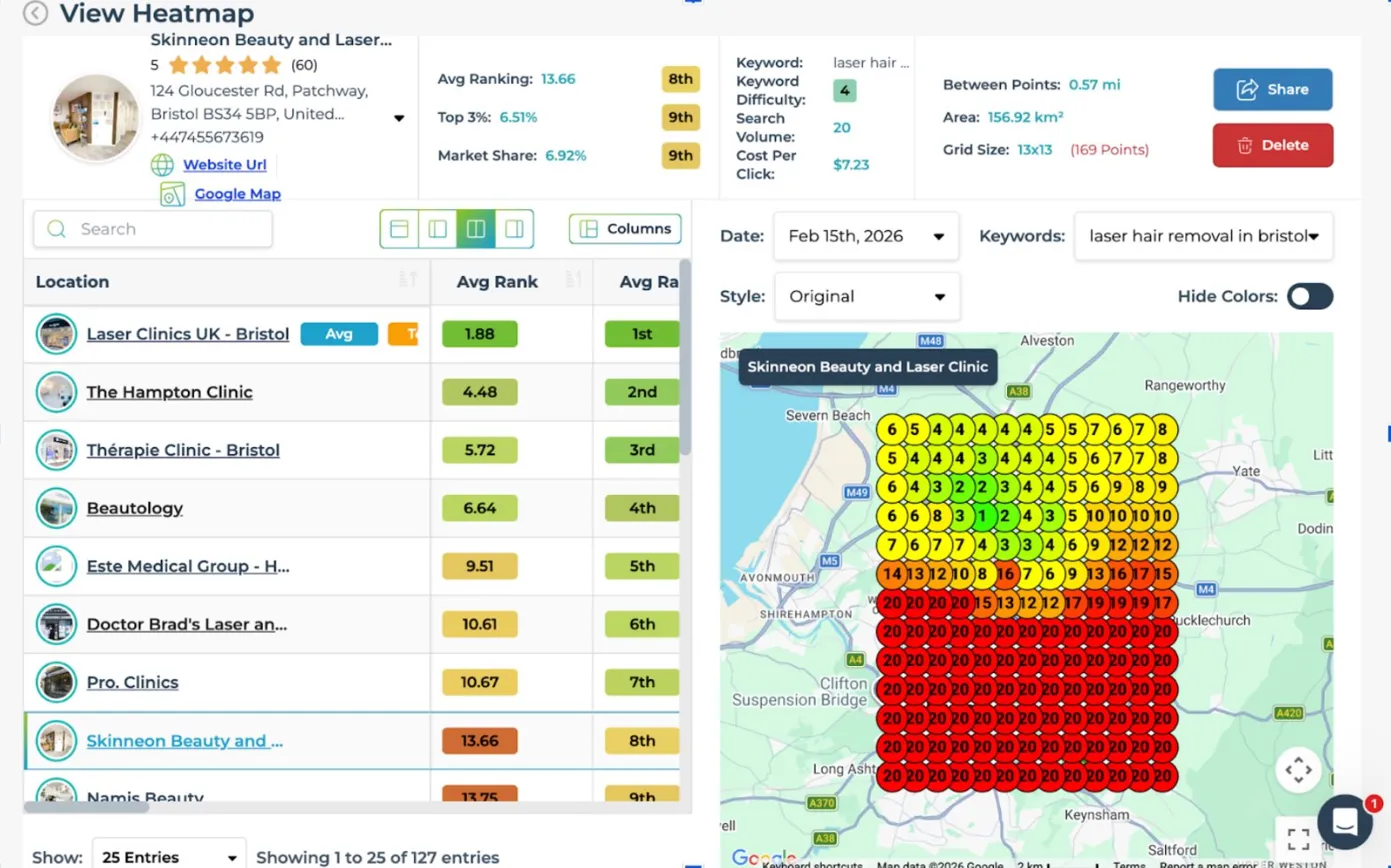 Skinneon Google Maps heatmap on Feb 15, 2026 — average rank 13.66, 6.92% market share