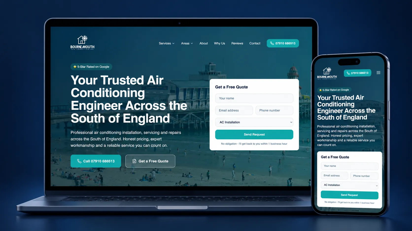 The Bournemouth Air Conditioning website on a laptop and phone, built by Agass Marketing Solutions