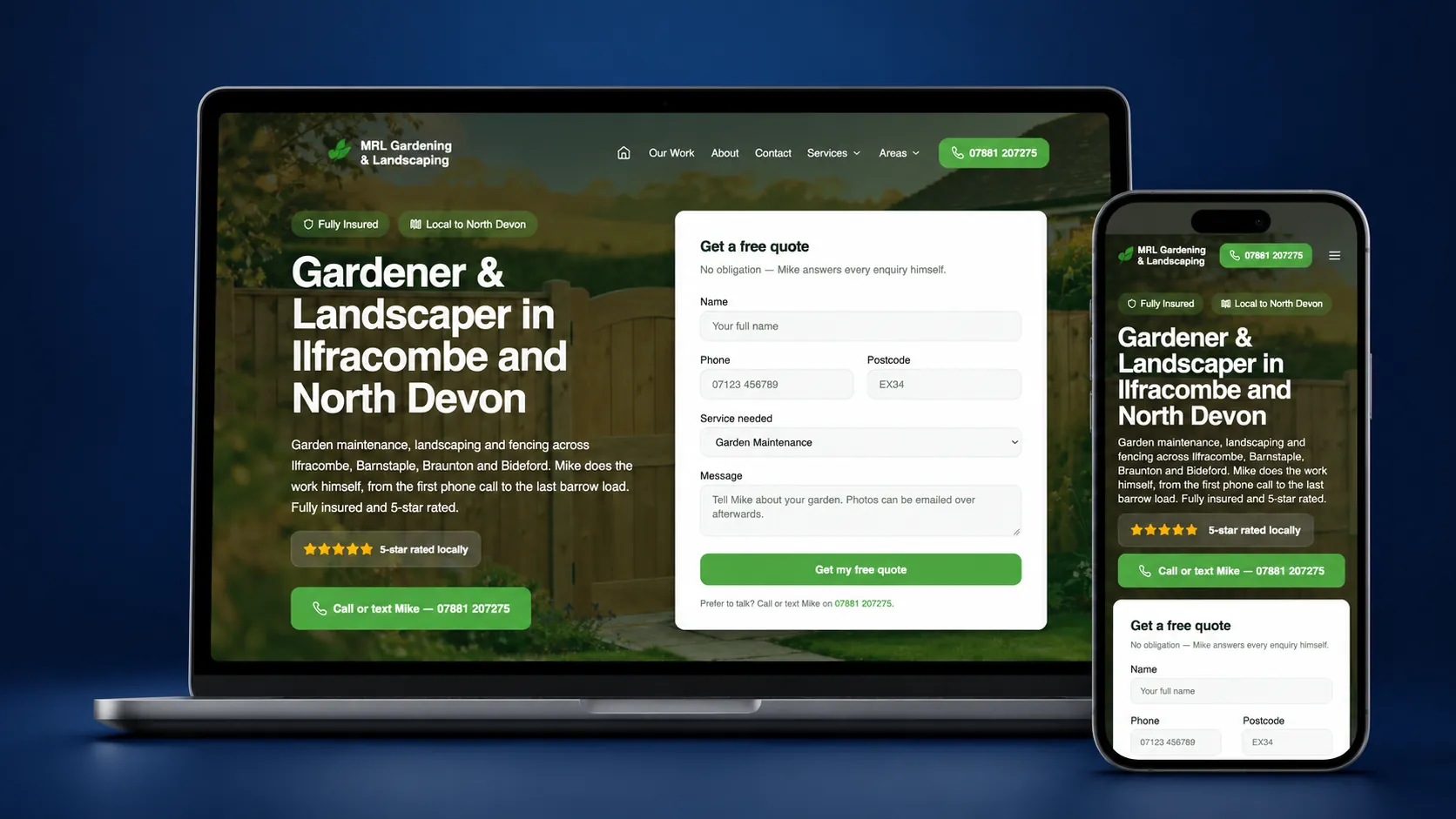 The MRL Gardening & Landscaping website on a laptop and phone, built by Agass Marketing Solutions