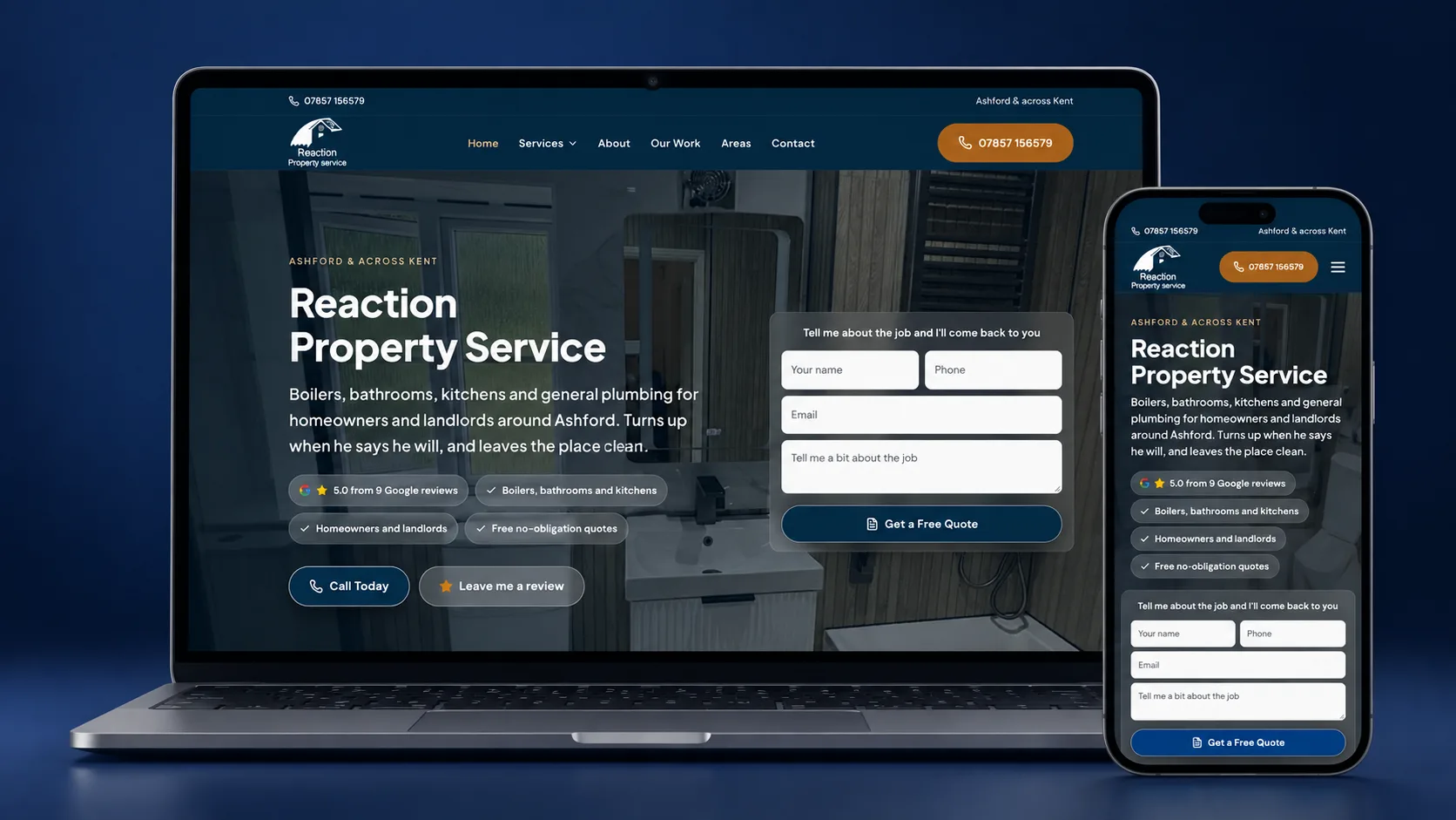 Website built by Agass Marketing Solutions for Reaction Property Service, plumber in Ashford